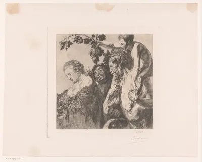 Bacchanten, sater en vrouw met druiven