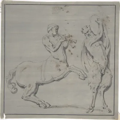 Bacchic Scene of Centaur Playing Horns and Satyr with Drum