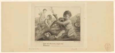 Bacchus als kind met ton en fakkel