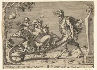 Bacchus als kind op een kruiwagen