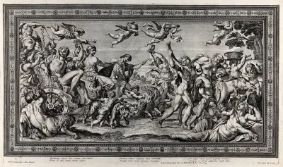 Bacchus and Ariadne on a chariot accompanied by bacchants, Silenus etc