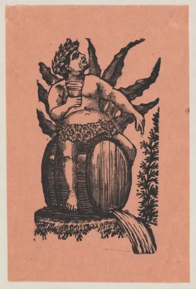 Bacchus astride a wine barrel