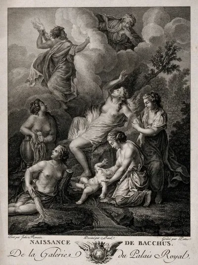 Bacchus being bathed by nymphs after being born from Jupiter's knee, his mother Semele is consumed by flames