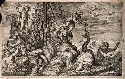Bacchus captured by sailors transforms them into dolphins