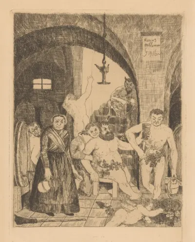 Bacchus en Silenus in een wijnkelder