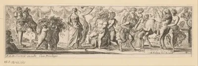 Bacchus gezeten op een luipaard omringd door bacchanten en een ezel