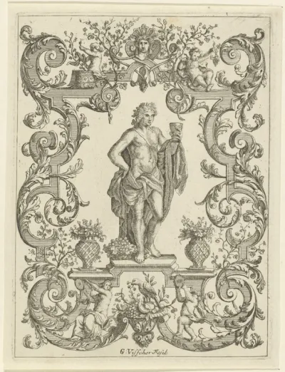 Bacchus met beker wijn in de hand in ornamentele omlijsting