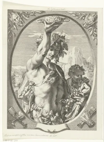 Bacchus met drinkschaal en druiventrossen