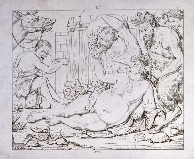 Bacchus reclines while a satyr fills his bowl and Pan adorns his head with grapes