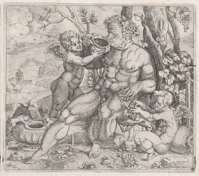 Bacchus, Seated, Drinking from a Vase Presented by a Putto, from "Speculum Romanae Magnificentiae"