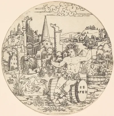 Bacchus Seated on a Barrel and Holding Grapes