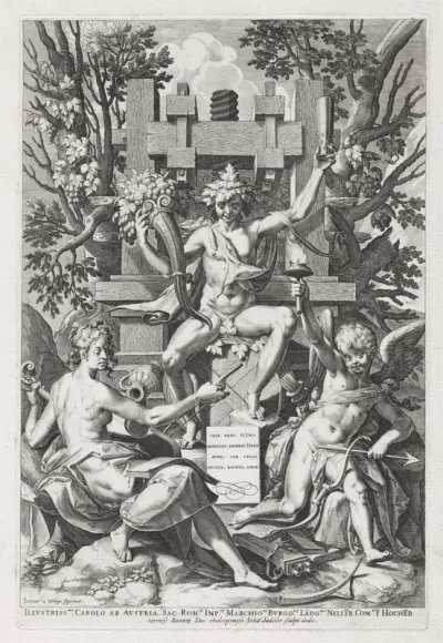 Bacchus Seated on a Barrel between Amor and Music