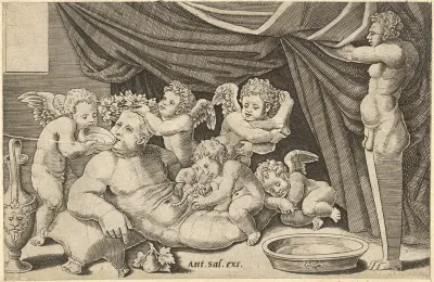 Bacchus Surrounded by Putti with Priapus holding back the curtain, from "Speculum Romanae Magnificentiae"