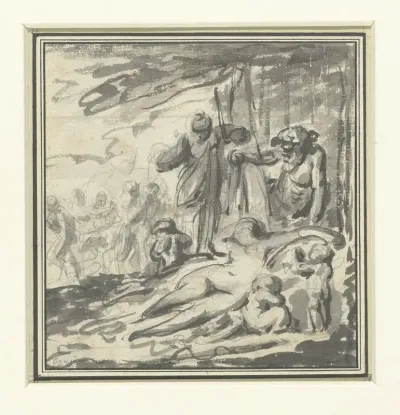 Bacchus tilt een doek op van een slapende vrouw