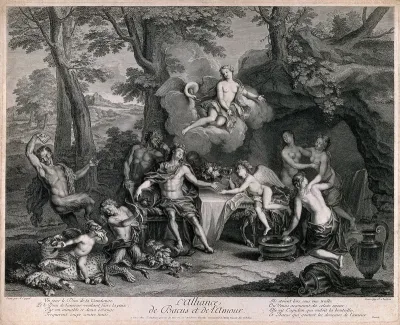 Bacchus with attendant satyrs sits drinking by a cave as Venus appears to him and offers him a cup of love