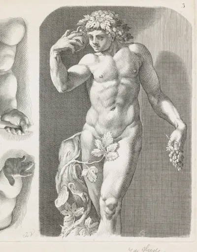 Bacchusbeeld en twee studies van armen