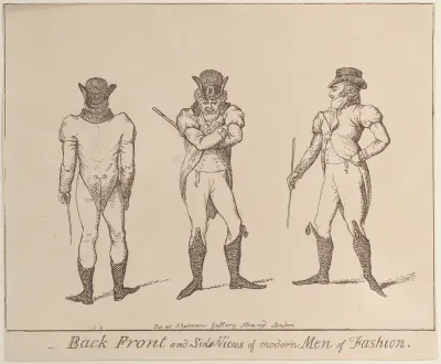 Back, Front, and Side Views of Modern Men of Fashion: Fashions a little before 1800