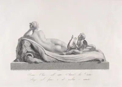Back view of Venus reclining accompanied by Cupid with a harp, from "Oeuvre de Canova: Recueil de Statues..."