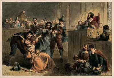 Bacon's rebellion, Virginia, 1676-1677: Lydia, the wife of the rebel Edmund Cheeseman, faints as he is condemned for treason by the governor of Virginia, William Berkeley; a toothless old lady is restrained from attacking her