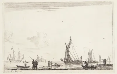 Både for sejl og et orlogsskib for anker