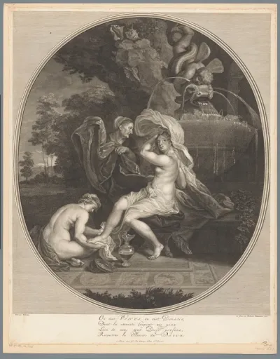 Badende jonge vrouw, mogelijk Venus of Diana, bij een fontein met twee bedienden