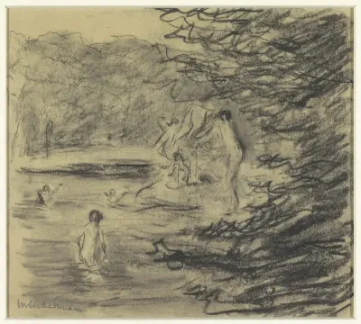 Badende jongens in bosvijver