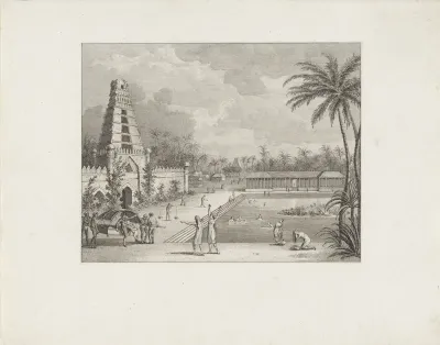 Baders in een vijver bij een tempel