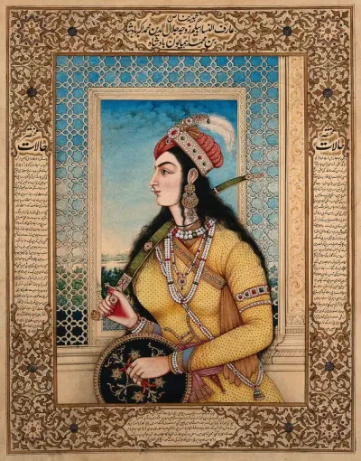 Badshah of Jalundur's begum holding a sword and a shield