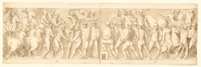 Bagerste del af kejserens og hans legionærer og garde på march; romerne opfører en lejr; romerne og kejseren på march