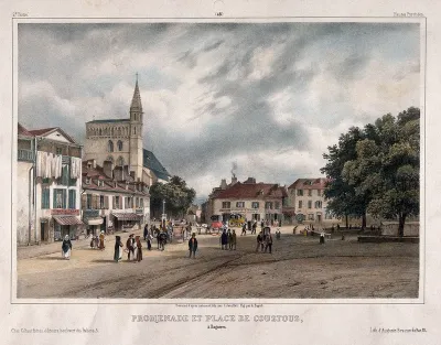 Bagnères de Bigorre, France: the Allée des Coustous, approaching Place Lafayette with the church of Saint Vincent on the left