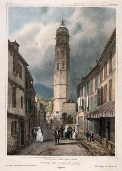 Bagnères de Bigorre, Pyrenees: view looking along the Rue de l'Horloge to the Tour des Jacobins (tower)