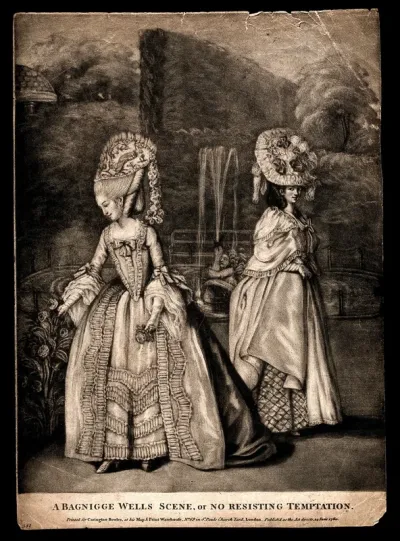 Bagnigge Wells, London: two alluring, fashionably-dressed women, one plucking rosebuds