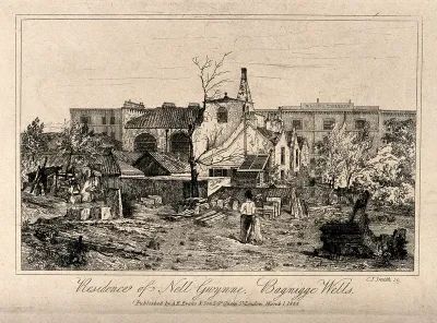 Bagnigge Wells: the exterior, with heaps of wood and stone in the foreground