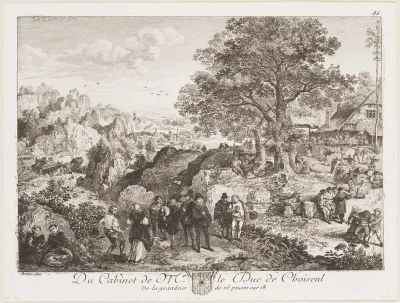 Bagpiper with dancers at a village fair with maypole in a hilly landscape