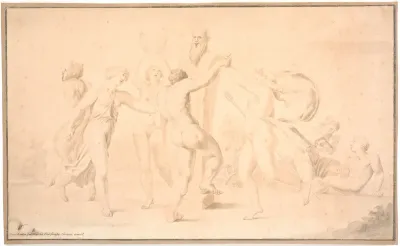 Bakkanal. En satyr, en bakkant og tre bakkantinder danser om en Priapsherme
