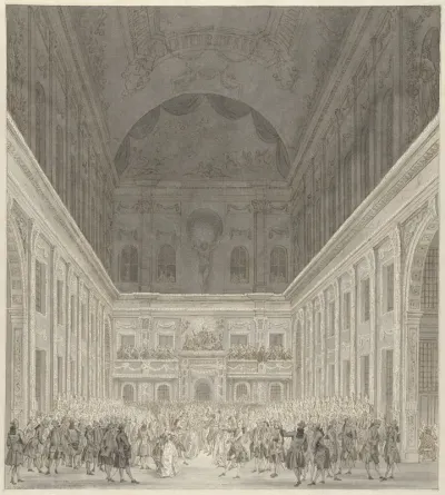 Bal in de Burgerzaal van het Stadhuis van Amsterdam ter ere van het bezoek van Prins Willem V en Wilhelmina van Pruisen, juni 1768