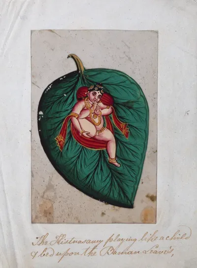 Bala Krishna lying on a banyan leaf, sucking his toe