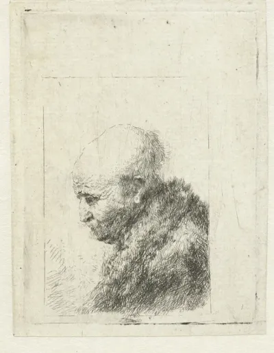 Bald headed man in profile right: small bust, the artist's father (?)