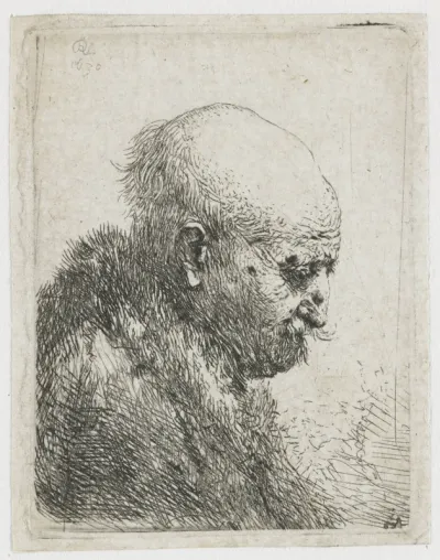 Bald headed man in profile right: small bust, the artist's father (?)