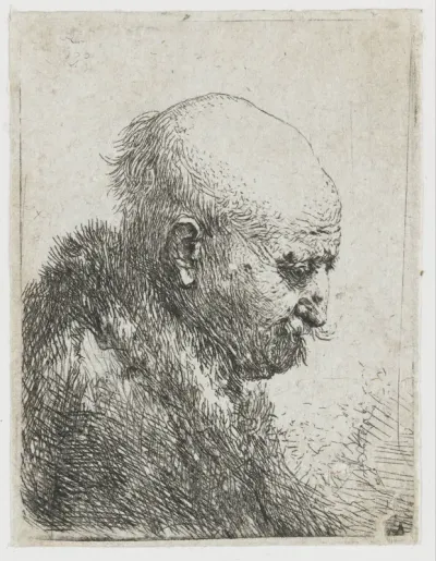 Bald headed man in profile right: small bust, the artist's father (?)