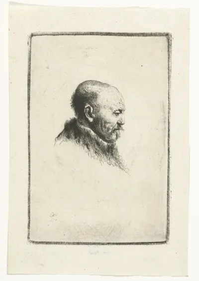 Bald headed man in profile right: the artist's father (?)