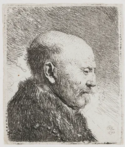 Bald headed man in profile right: the artist's father (?)