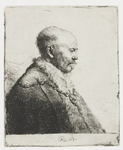 Bald headed man in profile right: the artist's father (?)