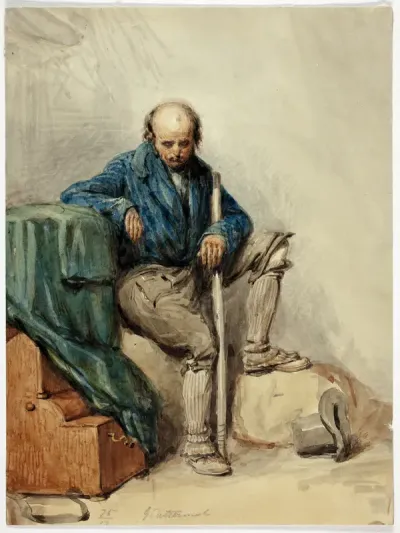 Bald Man Seated on Belongings (recto); Lady in a Yellow Gown (verso)