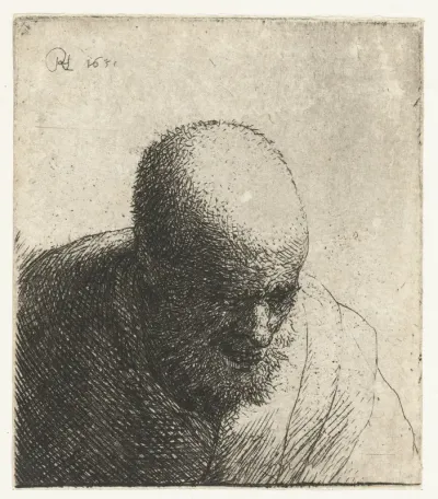 Bald man with open mouth, looking down: bust