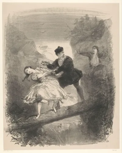 Balletscène met man en vrouw boven afgrond
