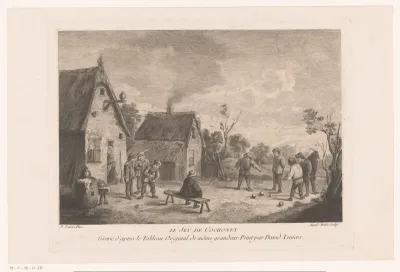 Balspel (Bocce) spelend gezelschap voor een herberg