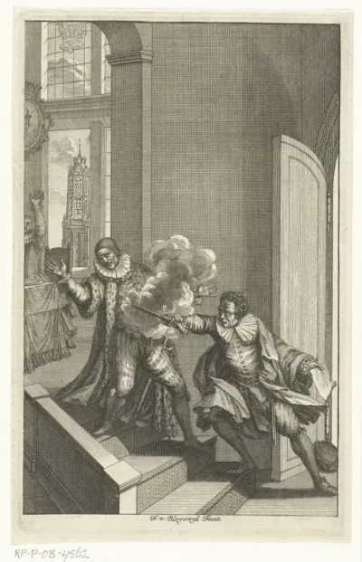 Balthasar Gerards doodt Willem I prins van Oranje met pistoolschoten op de trap van het Prinsenhof te Delft
