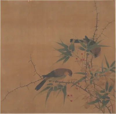 Bamboo Branch with Berries and Birds
