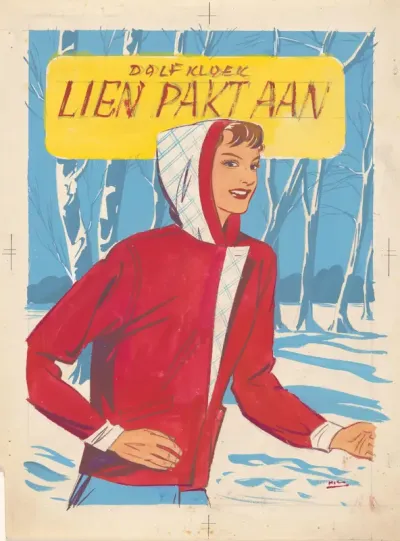 Bandontwerp voor: Dolf Kloek, Lien pakt aan. Roman voor oudere meisjes, 1957